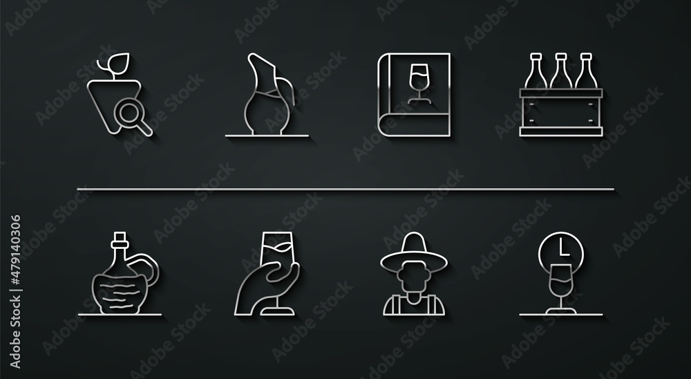 Set line Grapes, Wine in italian fiasco bottle, Bottles of wine box, Farmer the hat, tasting, degustation, Decanter for, time and Book about icon. Vector