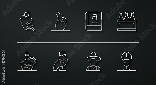 Set line Grapes, Wine in italian fiasco bottle, Bottles of wine box, Farmer the hat, tasting, degustation, Decanter for, time and Book about icon. Vector