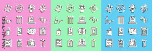 Set line Lighter, Cigarettes pack box, Cannabis molecule, Marijuana or cannabis plant in pot, Matches, Smoking pipe, Plastic bag of drug and Tombstone with RIP written icon. Vector
