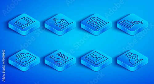 Set line Wooden barrel for wine, Old bottle of, Cardboard box, Bottle, Book about, Wine tasting, degustation, and icon. Vector