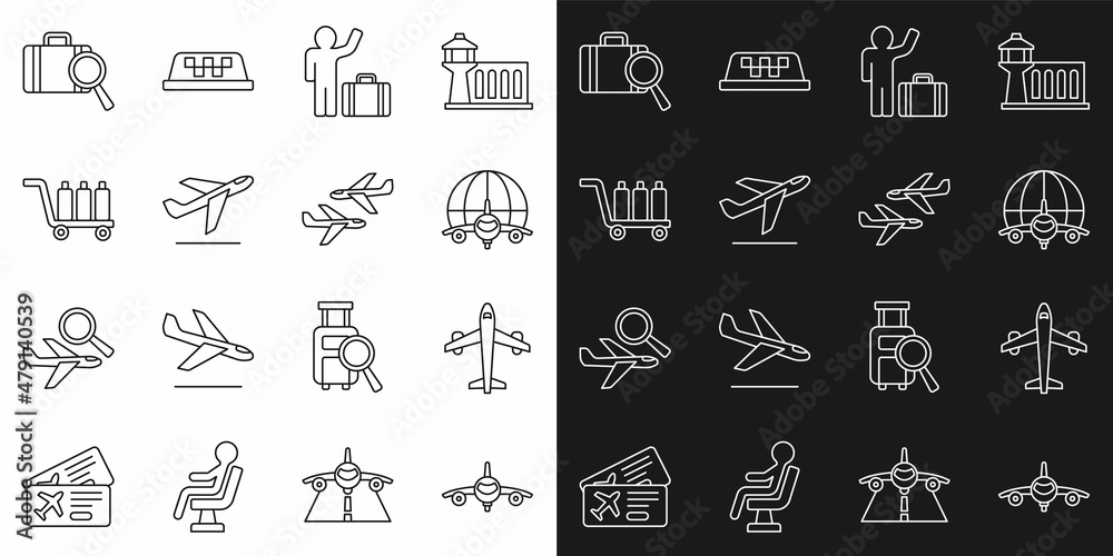 Set line Plane, Globe with flying plane, Tourist suitcase, takeoff, Trolley baggage, Lost and icon. Vector