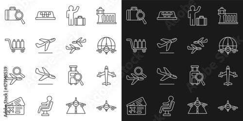 Set line Plane  Globe with flying plane  Tourist suitcase  takeoff  Trolley baggage  Lost and icon. Vector