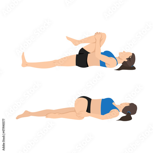 Woman doing Knee to Chest to Spinal Twist stretch exercise. Flat vector illustration isolated on white background
