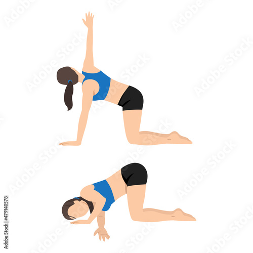 Woman doing Thread the Needle or Parsva Balasana stretch exercise. Flat vector illustration isolated on white background