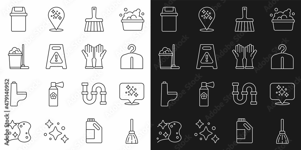 Set line Handle broom, Home cleaning service, Hanger wardrobe, Wet floor, Mop bucket, Trash can and Rubber gloves icon. Vector