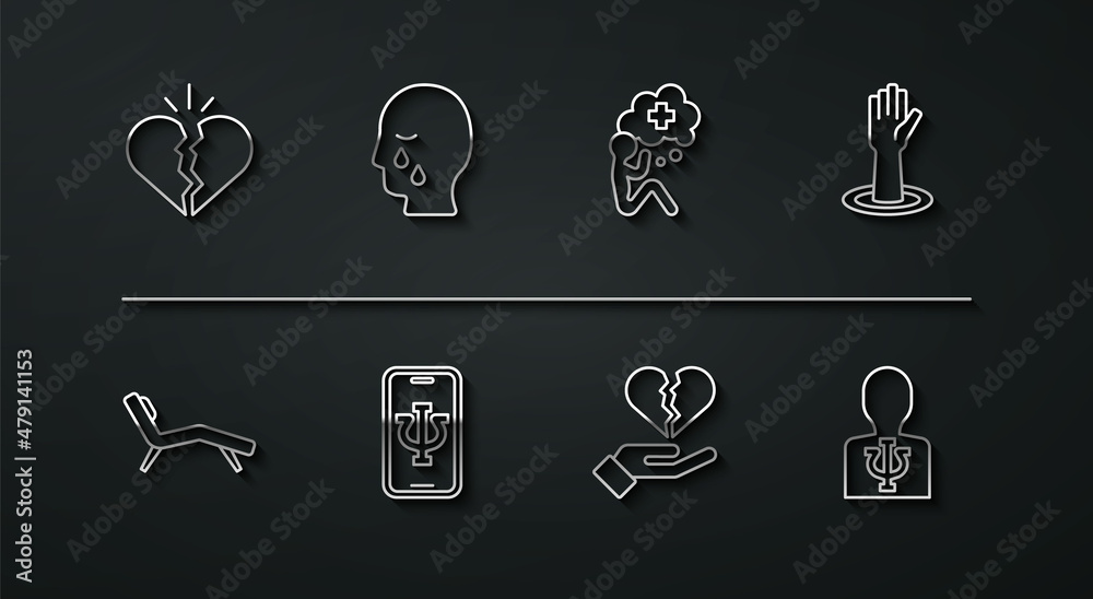 Set line Broken heart or divorce, Armchair, Helping hand, Psychologist online, Man graves funeral sorrow, Psychology, Psi and icon. Vector Set line Broken heart or divorce, Armchair, Helping hand, Psychologist online, Man graves funeral sorrow, Psychology, Psi and icon. Vector