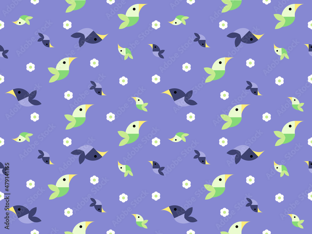 Bird cartoon character seamless pattern on purple background