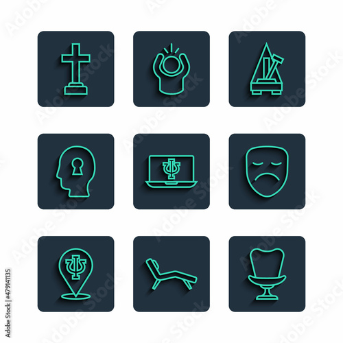 Set line Psychology, Psi, Armchair, Metronome with pendulum, Psychologist online, Solution to the problem, Graves funeral sorrow and Drama theatrical mask icon. Vector