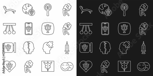 Set line Comedy and tragedy masks, Addiction to the drug, Broken heart or divorce, Psychologist online, Pendulum, Armchair and Psychology, Psi icon. Vector