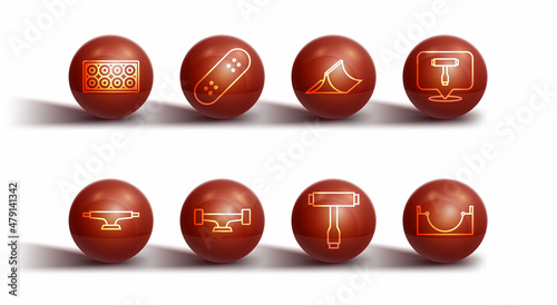 Set line Skateboard wheel, T tool, park and icon. Vector