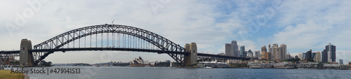 Panoramic scenic view of Sydney City Center, Harbour Bridge, boats and yachts from Lavender Bay. 