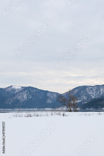 Landscape of snow-covered plains in Shiga Prefecture  Japan in mid-winter.