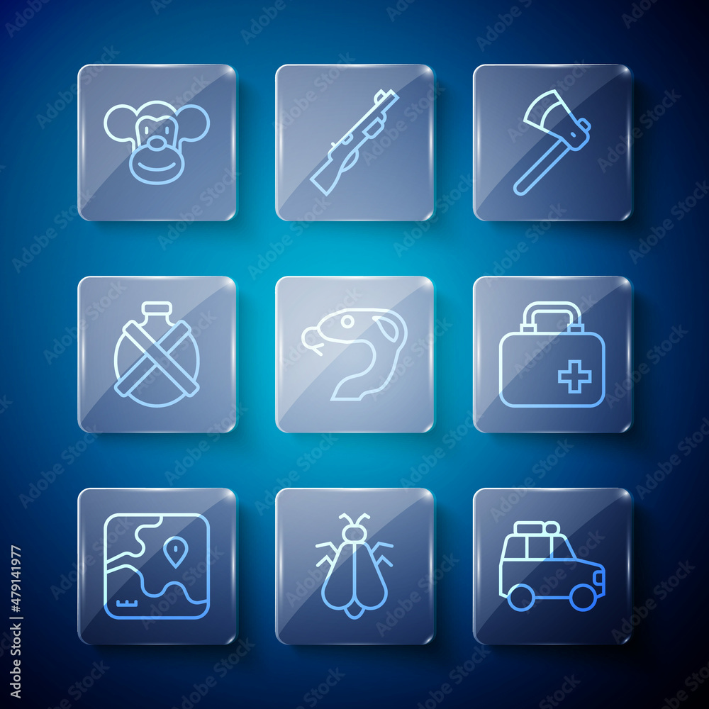 Set line Africa safari map, Mosquito, Car, Wooden axe, Snake, Canteen water bottle, Monkey and First aid kit icon. Vector
