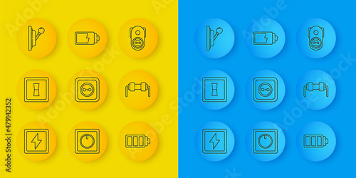 Set line Lightning bolt, Electric light switch, Electrical outlet, Battery charge level indicator, Resistor electricity, panel, and icon. Vector
