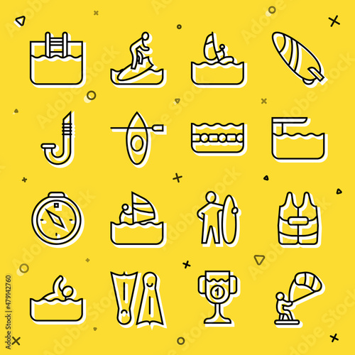 Set line Kitesurfing, Life jacket, Diving board or springboard, Windsurfing, Kayak and paddle, Snorkel, Swimming pool with ladder and icon. Vector