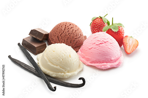 Three scoops of ice cream with ingredients - clipping path included