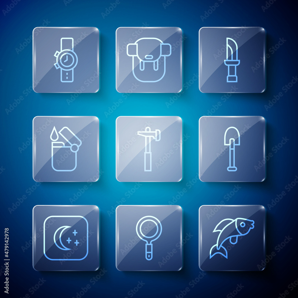 Set line Moon and stars, Magnifying glass, Fish, Knife, Hammer, Lighter, Wrist watch and Shovel icon. Vector Set line Moon and stars, Magnifying glass, Fish, Knife, Hammer, Lighter, Wrist watch and Shovel icon. Vector