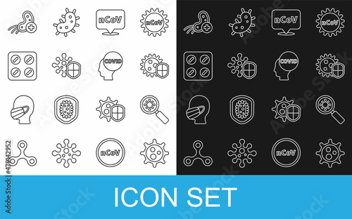 Set line Virus, under magnifying glass, Shield protecting from virus, Corona 2019-nCoV on location, Pills blister pack, Positive and covid-19 icon. Vector