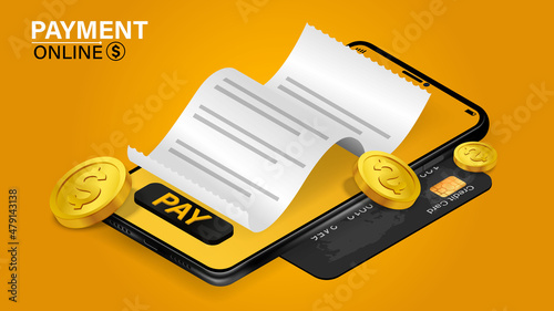 Bill of expenses is on mobile phone.Pay bills with mobile phone.Online shopping spending.Online shopping via smartphone.Bill payment flat isometric vector concept of mobile payment, shopping, banking.