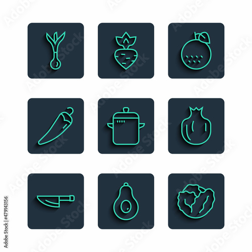 Set line Knife, Avocado, Cabbage, Orange fruit, Cooking pot, Hot chili pepper, Onion and Pomegranate icon. Vector