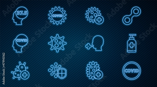 Set line Corona virus covid-19, Bottle of liquid antibacterial soap, Positive, Virus, High human body temperature, Man coughing and icon. Vector