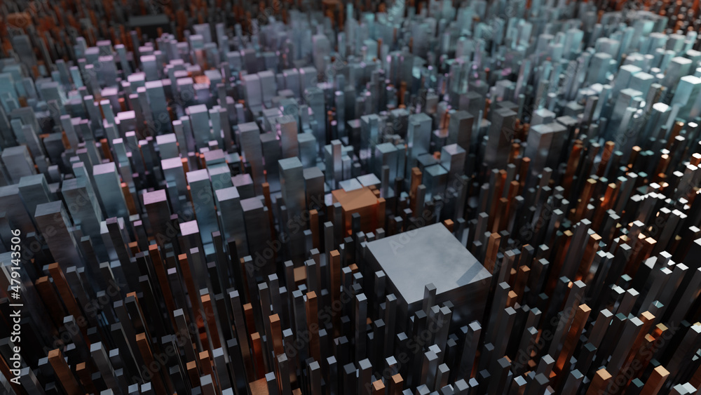 3d render of the city of the future in the rays of the sun. Tall figures of light and dark tones
