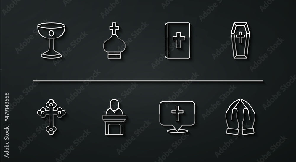 Set line Christian chalice, cross, Coffin, Location church building, Church pastor preaching, tower, Hands praying position and Holy bible book icon. Vector