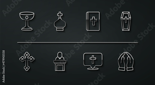Set line Christian chalice, cross, Coffin, Location church building, Church pastor preaching, tower, Hands praying position and Holy bible book icon. Vector