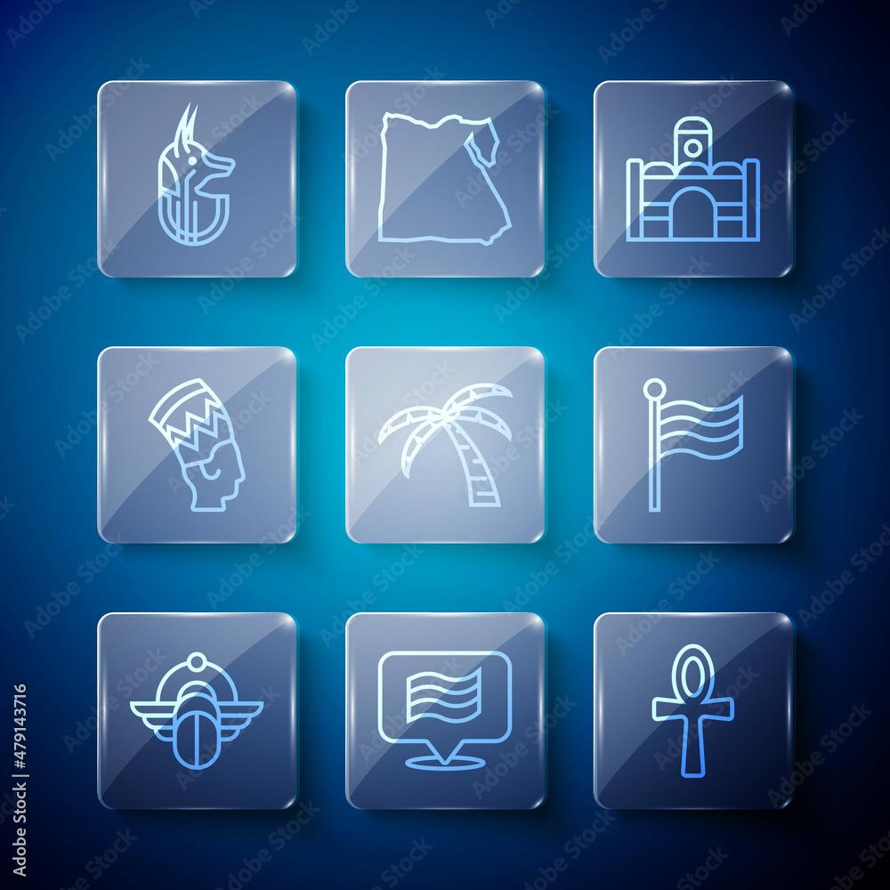 Set line Egyptian Scarab, Flag Of, Cross ankh, house, Tropical palm tree, Nefertiti, anubis and icon. Vector Set line Egyptian Scarab, Flag Of, Cross ankh, house, Tropical palm tree, Nefertiti, anubis and icon. Vector