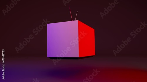 360° loop animation of vintage television, 3d render illustration, blue and red light
