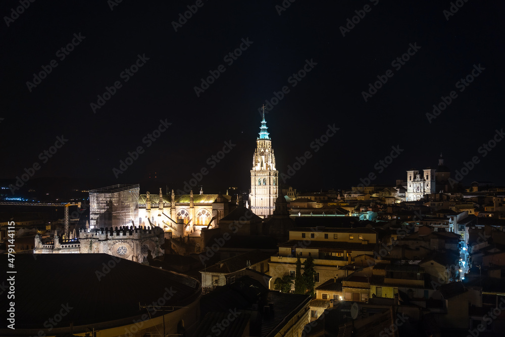 Night view of the cathedral of Santa Iglesia Primada in the medieval city of Toledo in Castilla La Mancha, Spain