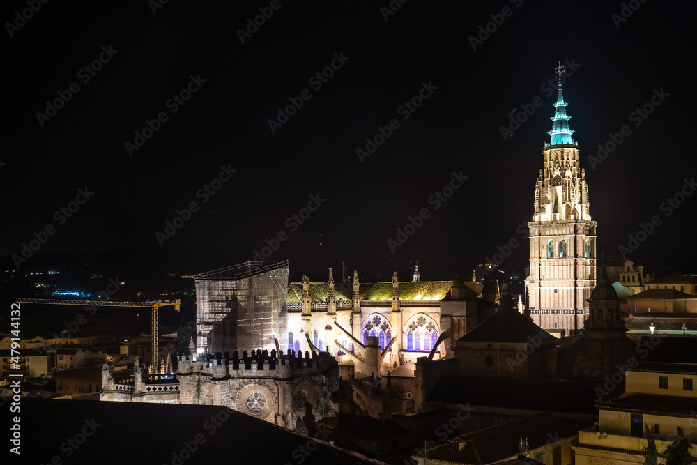 Night view of the cathedral of Santa Iglesia Primada in the medieval city of Toledo in Castilla La Mancha, Spain