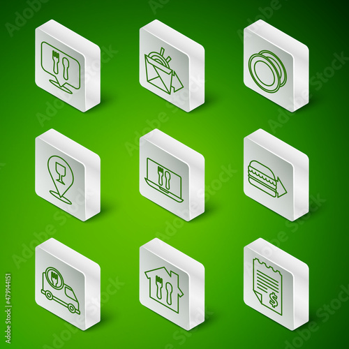 Set line Paper or financial check, Online ordering and delivery, Cafe restaurant location, Alcohol beer bar, noodles, Fast by car and burger icon. Vector