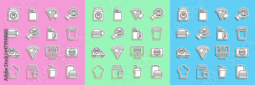Set line Online ordering and delivery, burger, Coffee cup to go, pizza, Clock 24 hours, and icon. Vector