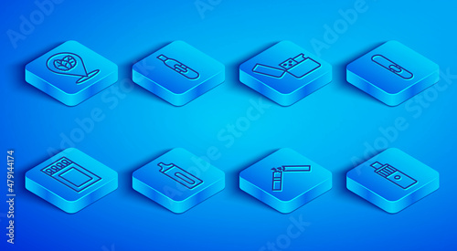 Set line Tobacco leaf, Electronic cigarette, Lighter, Broken, Cigar, Matchbox and matches and Vape mod device icon. Vector