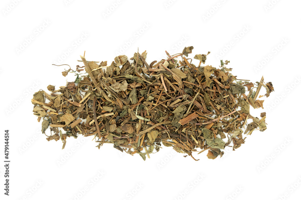 Houttuynia cordata leaf herb used in traditional Chinese herbal medicine on white background. Used to treat pneumonia, hypertension, constipation and hyperglycemia. Yu zing cao. Houttuynia cordata leaf herb used in traditional Chinese herbal medicine on white background. Used to treat pneumonia, hypertension, constipation and hyperglycemia. Yu zing cao.