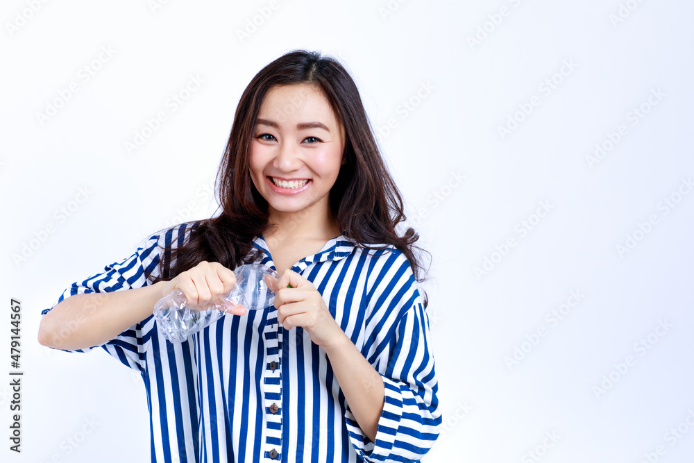 Headshot portrait Asian woman campaign Say no to plastic, reducing plastic waste, reducing global warming in studio light shot isolated on white background. Environment concept Headshot portrait Asian woman campaign Say no to plastic, reducing plastic waste, reducing global warming in studio light shot isolated on white background. Environment concept