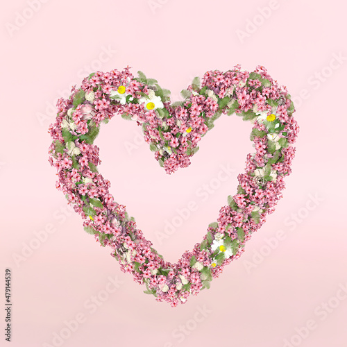 Creative heart shape concept made of fresh Spring wedding flowers. Flower frame concept on pastel pink background..
