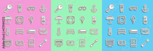 Set line Paddle, Credit card, Please do not disturb, Binoculars, Lifebuoy, Sun protective umbrella for beach, Key and Ice cream waffle cone icon. Vector