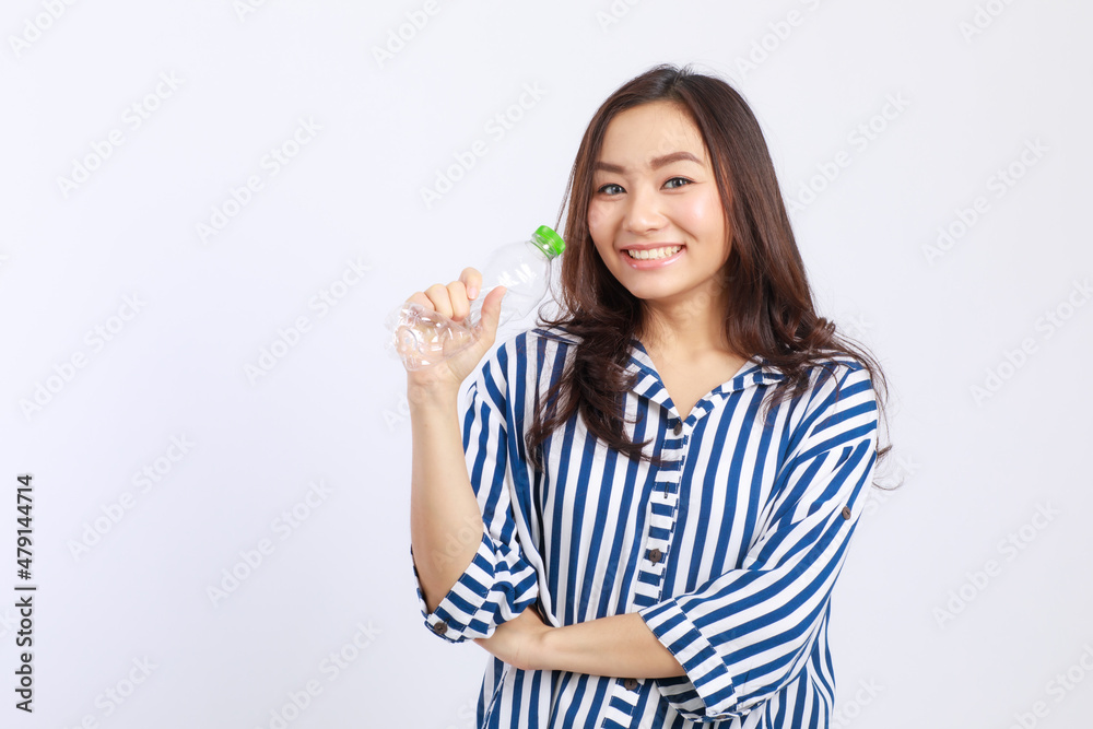 Young, Beautiful Asian woman campaign Say no to plastic, reducing plastic waste, reducing global warming in studio light portrait shot isolated on white background. Environment concept Young, Beautiful Asian woman campaign Say no to plastic, reducing plastic waste, reducing global warming in studio light portrait shot isolated on white background. Environment concept