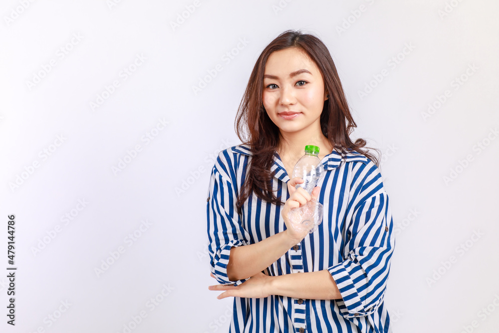 Young, Beautiful Asian woman campaign Say no to plastic, reducing plastic waste, reducing global warming in studio light portrait shot isolated on white background. Environment concept Young, Beautiful Asian woman campaign Say no to plastic, reducing plastic waste, reducing global warming in studio light portrait shot isolated on white background. Environment concept