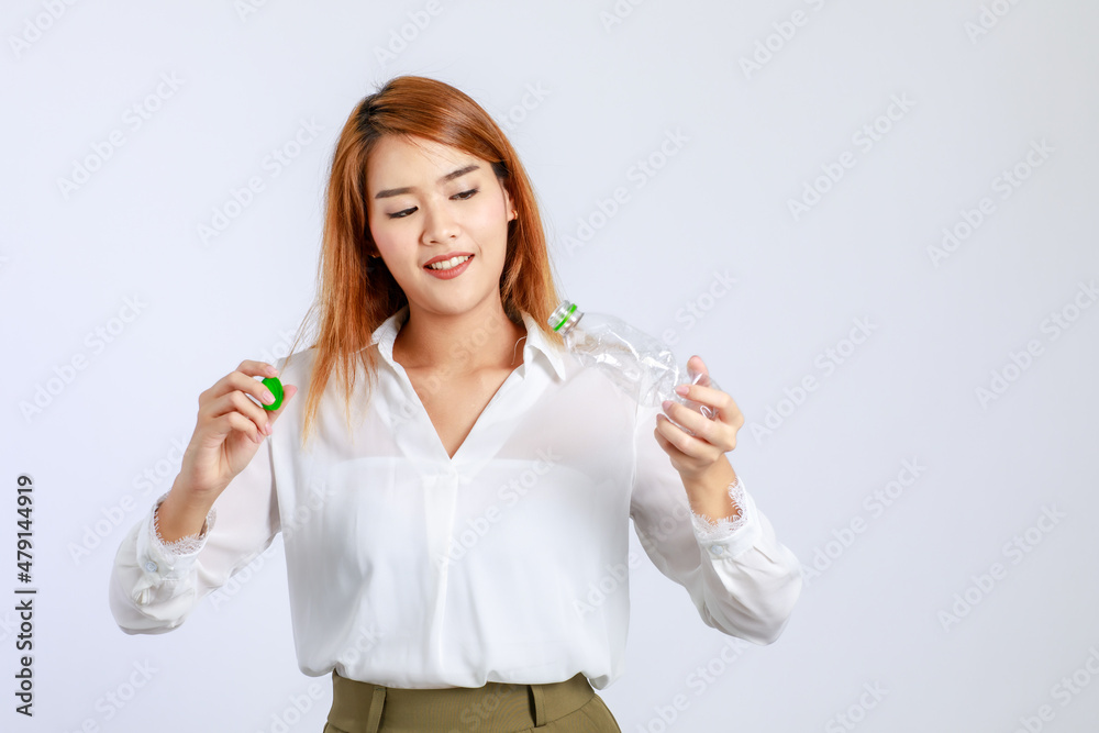 Portrait face beautiful attractive smile young adult Asian woman campaign say no plastic, reducing plastic, reducing global warming, studio light shot isolated on white background. Environment concept Portrait face beautiful attractive smile young adult Asian woman campaign say no plastic, reducing plastic, reducing global warming, studio light shot isolated on white background. Environment concept
