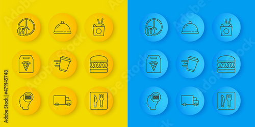 Set line Online ordering and delivery, pizza, Coffee cup to go, Cafe restaurant location, Burger, Round the clock, Asian noodles chopsticks and Covered with tray food icon. Vector