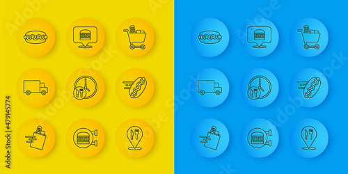 Set line Online ordering and delivery, Fast by car, Round the clock, Cafe restaurant location, hotdog, Hotdog sandwich, Shopping cart food and burger icon. Vector