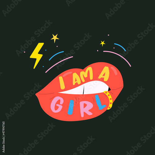 Open mouth with red lips and inscription 