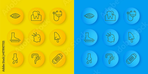 Set line Runny nose, Flat foot, Man having headache, Medical protective mask, Reddish eye, Stethoscope and Tooth with caries icon. Vector
