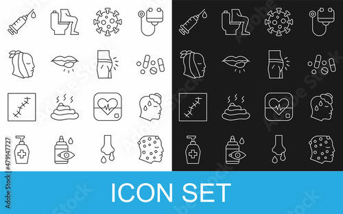 Set line Psoriasis or eczema rash, High human body temperature, Medicine pill tablet, Virus, Herpes lip, Toothache, Syringe and Abdominal bloating icon. Vector