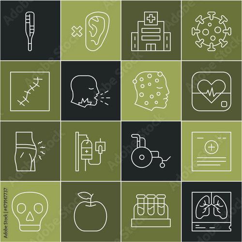 Set line Lungs x-ray, Clinical record, Heart rate, Medical hospital building, Man coughing, Scar with suture, thermometer and Psoriasis eczema rash icon. Vector