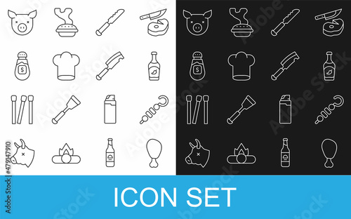 Set line Chicken leg, Grilled shish kebab, Ketchup bottle, Bread knife, Chef hat, Salt, Pig and Meat chopper icon. Vector