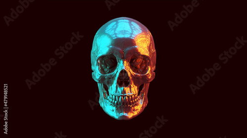 Skull Human Silver Reflection Blue Red Light Sci Fi Halloween Skeleton Jaw 3d illustration render